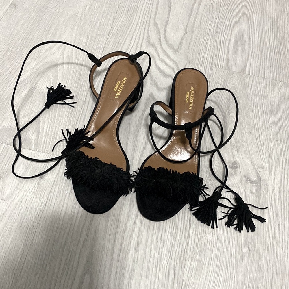 Aquazurra black suede sandals with fringe size 37
